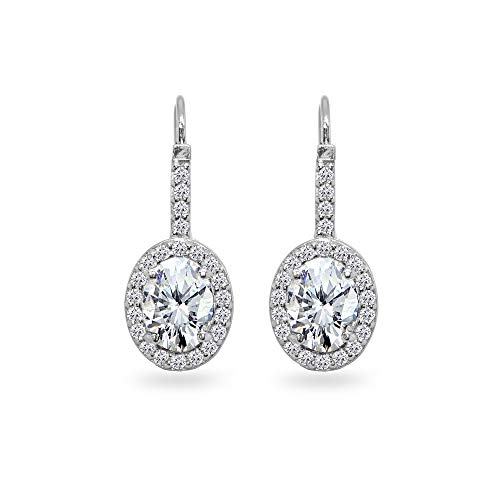 Sterling Silver Genuine or Synthetic Gemstone 8x6mm Oval Halo Drop Leverback Earrings for Women2