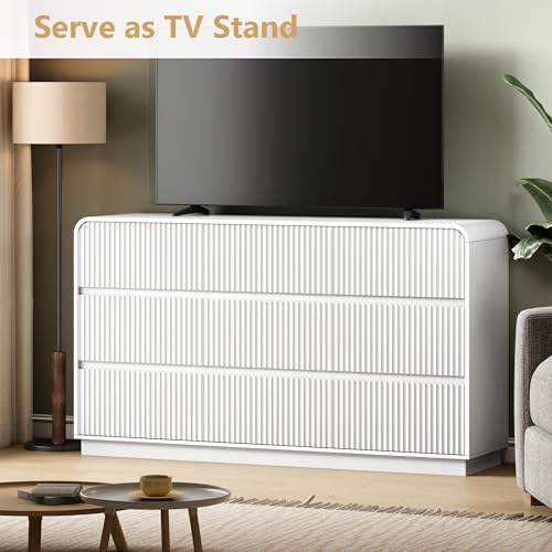 Image of Wodeer White Dresser Fluted 9 Drawers Dresser for Bedroom, 59 inch Wide Wood Chest of Drawers with Hidden Handles & Rounded Corners, Modern TV Stand Storage Cabinet for Living Room, Hallway, Entryway