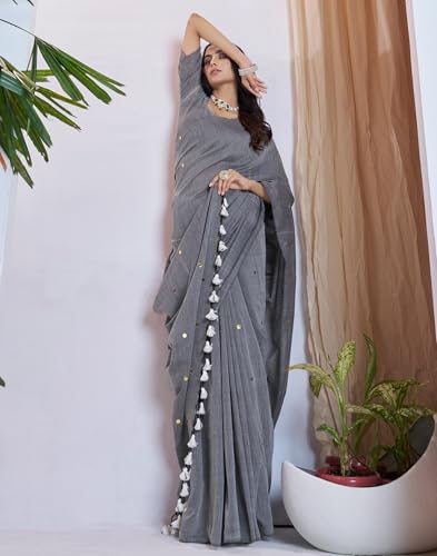 Image of SIRIL Women's Cotton Linen Sequence Saree With Unstitched Blouse Piece