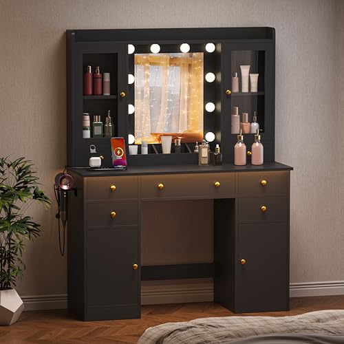 Image of HUANLEGO Black Vanity Desk with Mirror and Lights for Girls Women | Makeup Vanity Mirror with Lights, LED RGB Lights Strip, Power Outlet, 7 Drawers, 2 Storage Cabinets, 3 Color Modes Adjustable