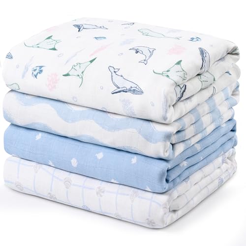Image of GLLQUEN BABY Muslin Swaddle Blankets 4-Pack Breathable Receiving Blankets (35 inch x 40 inch) Soft Baby Blankets for Girls and Boys Newborn Essentials Muslin Burp Cloths Swaddle Wrap Baby Gift(Ocean Whimsy)