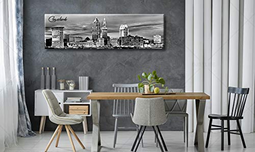 Image of Cleveland Skyline Decor Wall Art,Black and White Canvas Prints 13.8 inchx47.3 inch | Night View USA Cityscape Panoramic Painting for Bedroom Office Framed and Ready to Hang