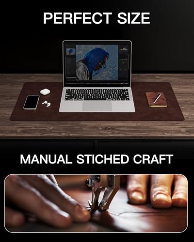 YSAGi Genuine Leather Desk Mat, 31.5\"x15.8\" Office Desk Pad, Thick Premium Table Pad with Stitched Line, Non-Slip Laptop Writing Pad with Rubber Base (Dark Brown, 31.5\"x15.8\")