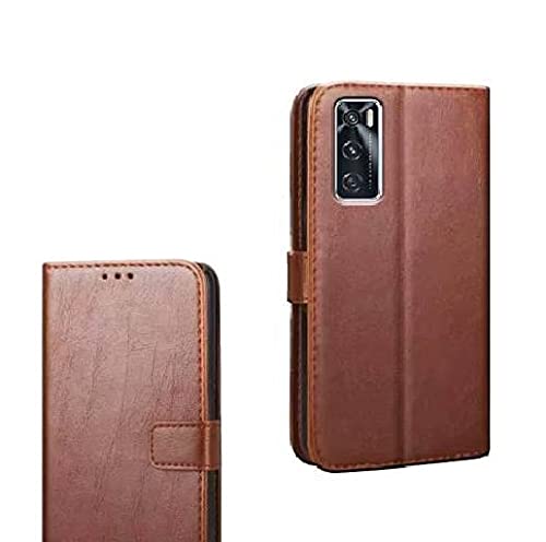 Image of Inside Rubber TPU with Card Pockets Magnetic Closure Protection Compatible with Vivo V20 SE, V2022 (Brown)