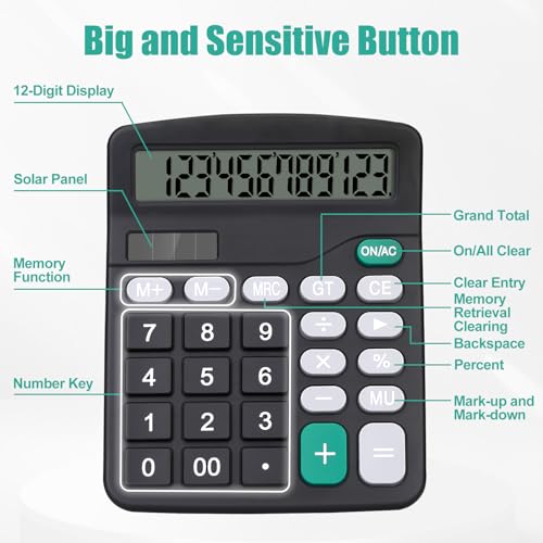 Large Button Desktop Calculator with 12-Digit Display, Solar & Battery Power - Ideal for Office, Home, School, & Business (Black)