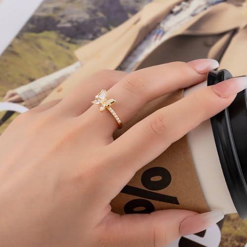 Kokoma Delicate Butterfly Ring for Women Cubic Zirconia Pearl Statement Ring Open Finger Band Engagement Promise Rings Adjustable Wedding Bands2