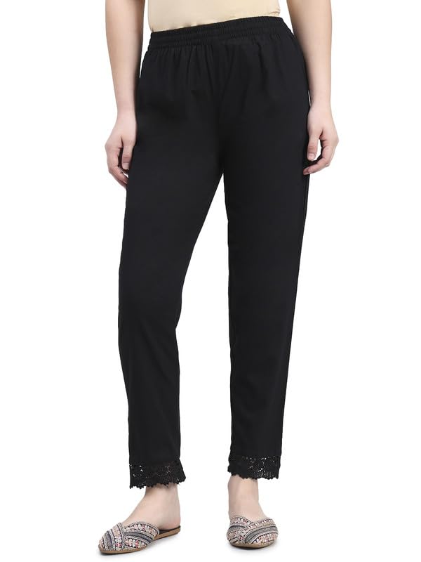 Image of GO COLORS Soft Cotton Lace Pencil Pant Full Length for Women| Mid-Rise, Breathable