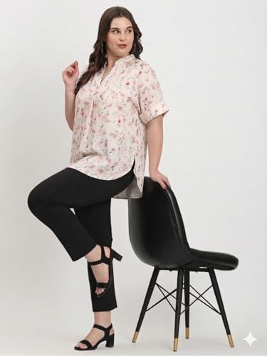 Image of SINDOORI Relaxed Fit Tops for Women Plus Size Solid Printed Mandarin Collar, Band Collar, V-Neck Top, Half Sleeve Loose Fit