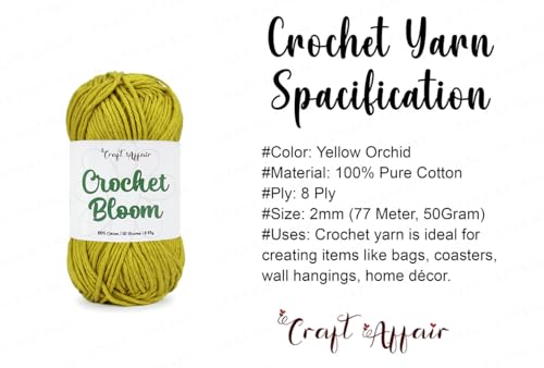 Image of Craft Affair | Crochet Bloom Cotton Yarn 8ply (2mm, 77Meter, 50Gram) 100% Pure Cotton | Knitting Yarn | for Embroidery, Craft & DIY Project: Yellow Orchid