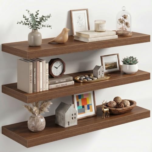 Image of Fun Memories 32 Inch Floating Shelves for Wall, Walnut Wood Wall Mounted Shelf with Invisible Bracket, 10 Inch Deep Large Shelves for Living Room Bathroom Bedroom, Set of 3