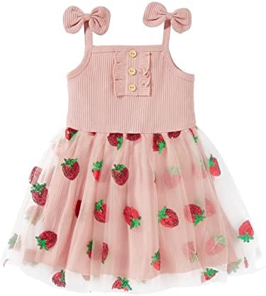 Toddler Baby Girl Dress Sleeveless Strap Knit Dress Daisy Tutu Dresses Princess Sundress (Pink Strawberry, 18M)