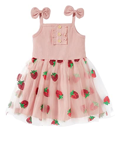 GRNSHTS Toddler Baby Girl Dress Sleeveless Strap Knit Dress Tutu Dresses Princess Sundress (Pink Strawberry, 6-12M)