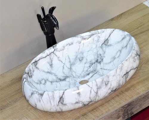 Image of Designer Counter Top Wash Basin | Tabletop Ceramic Bathroom Sink | Wash Basin Over Counter | Wash Basin For Bathroom, Living Room (24 x 15 x 6 Inch) (Glossy White N Black Strip)
