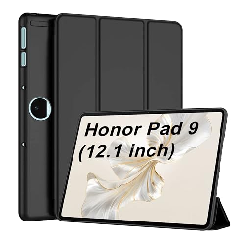 Image of CEDO Tri-Fold for Honor Pad 9 (12.1 in) Smart Case Flip Cover with Multi Viewing Angles Stand | Leather Finish | Heat Dissipation | TPU Backcover (Black)