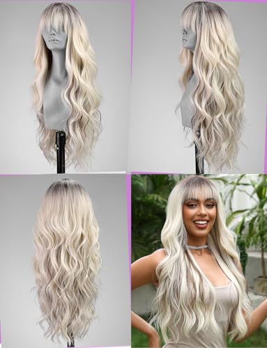 WOKESTAR Long Wavy Platinum Blonde with Dark Roots Wigs for Women Heat Resistant Natural Hair with Fringe - Image 3