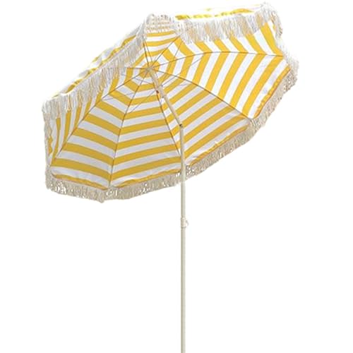 Sombrilla De Playa Plegable De 1,6 M, Portátil, con Borla Romántica, Redonda, Inclinable 45°, For Fiestas Y Camping, Altura Ajustable, con Rayas Amarillas Y Blancas.
