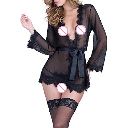 Camisola erótica de renda sexy, cardigã feminino de malha de renda, robe, roupão com botões de seda,