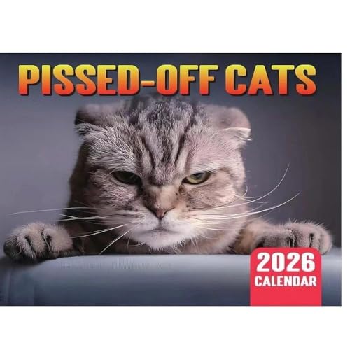 Woedende kattenkalender 2026, kattenkalender 2026 met boze katten, boze kattenkalender, grappige wandkalender, Angry Cat kalender 2026, maandplanner voor kattenliefhebbers