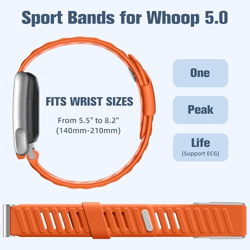 Image of VEMIGON Silicone Sport Band Compatible with Whoop 5.0 One /Peak, Life /MG, Breathable, Adjustable Waterproof Replacement Wristband Strap with Stainless Steel Frame Connector, NOT for Gen 4.0(Band only)