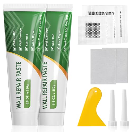 Crema de Reparación de Pared, 2 x 250g Masilla Blanca para Interiores, 4 x Parche Reparador de Paredes, Reparación de Paredes Dañadas, Rápida para Reparar Grietas