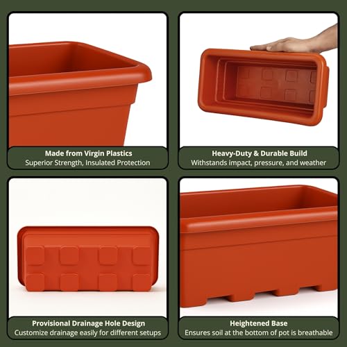 Image of Kraft Seeds 17 inch Pack of 1 Rectangular Planters, Durable UV Treated Balcony planters, Indoor & Outdoor- Flower pots for Balcony,Red Plant Pot with Drainage Holes