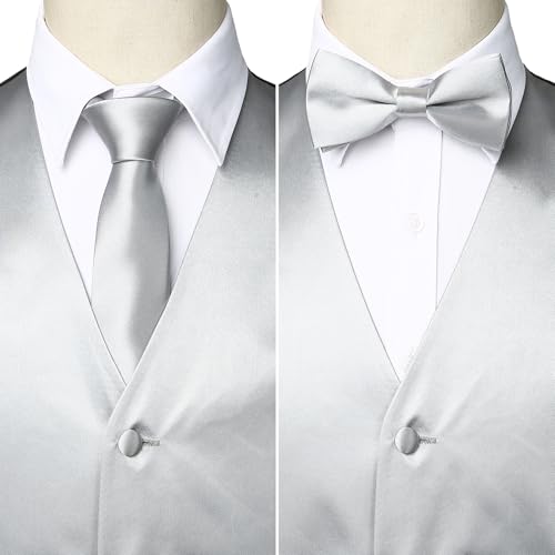 ZEROYAA Men's Solid 4pc Shiny Satin Vest Necktie Bowtie Pocket Square Set for Suit or Tuxedo4