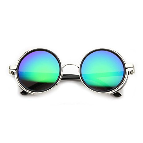 zeroUV Side Shield Studio Cover Color Flash Mirror Lens Round Sunglasses (Silver Midnight)