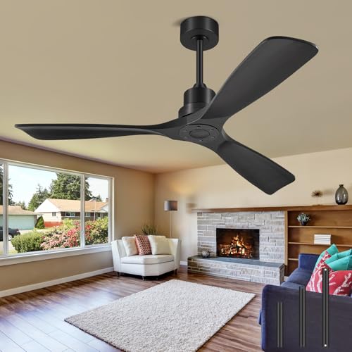 Image of Ceiling Fans With Remote Control, Outdoor Ceiling Fan for Patios Indoor, 3 Downrods, 3 Blades, Timer, 6 Speed Reversible Quiet DC Motor Modern Fan Solid Wood Fan,60in, Matte Black