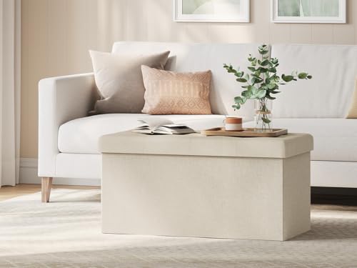 Banc de rangement pliable en lin blanc crème 76x37.5x38cm - 3