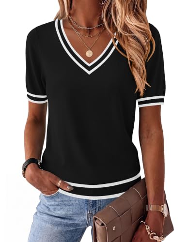 Zeagoo Summer Sweater Soft Cozy V Neck Sweaters Loose Short Sleeve Work Pullover Tops Spring Fashion Trendy Outfits