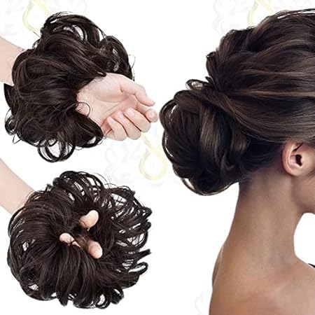 Image of CLITZ (2 PACK) Black +Brown Combo Messy Bun Hair Piece Hair Extension With Elastic Rubber Band Hairpiece Synthetic Hair Scrunchies Hair Piece for Women Girls Color (Brown+Black)