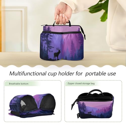 Image of Luggage Cup Holder for Suitcases Free Hands Suitcase Cup Holder Travel Luggage Drink Holder Portable Luggage Cup Caddy Bag Carrier with Handle Purple Stag Forest Trees