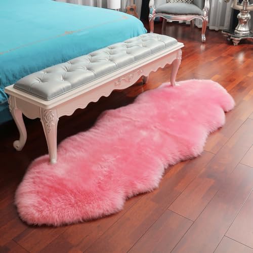 Premium Genuine Fur Sheepskin Rug Real Australia Sheepskin Natural Luxury Fluffy Lambskin Fur Area Rug Seat Covers for Kids Bedroom Sofa Chair Cover (Pink, Double Pelt/2ft x 6ft)