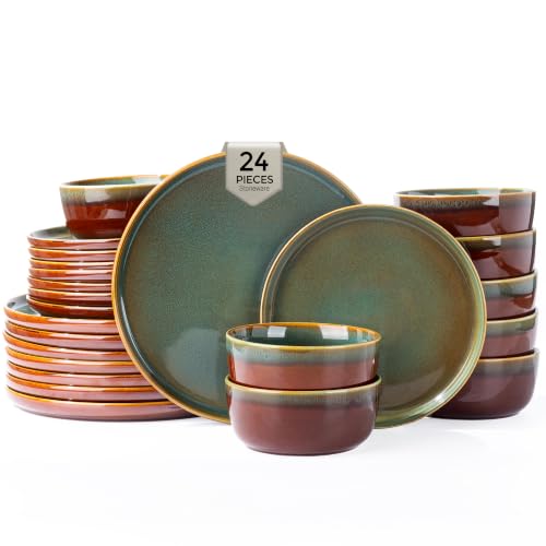 Image of GBHOME Dinnerware Sets for 8, 24 Pieces Stoneware Plates and Bowls Sets, Scratch Resistant Dishes, Dishwasher & Microwave Safe, Reactive Glaze