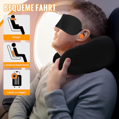 KufaerBeam Befüllbares Nackenkissen, Reisekissen Stopfbares für Flugzeug & Reisen, U-förmiges Füllbares Nackenkissen, Multifunktionales Nackenkissen mit Eye Mask und Ohrenstöpsel (Schwarz)