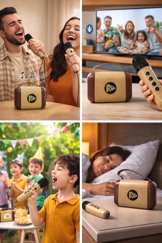 Image of Rock Music Portable Wireless Speaker with Karaoke Mic, 20W Output, RGB Disco Light, Gold and Brown, Model RM-BT487