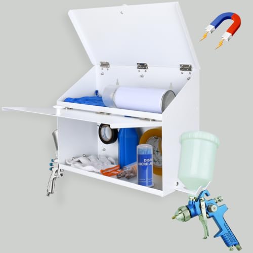 DITKOK White Magnetic Spray Booth Box, Wall Mounted Spray Booth Box with Dual Compartment and Two Hangers for Spray Guns, Robust Spray Paint Storage Cabinet Designed to Fit Inside The Spray Booth
