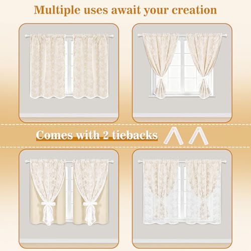 Image of Yinhua Beige Kitchen Curtains 36 Inch Length Double Layer Blackout Cafe Curtains with Floral Sheer Overlay Rod Pocket Short Curtain for Windows, Small Window Curtain for Bathroom Living Room, 2 Panels