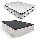 Pack colchón viscoelástico Bio Max + Canapé abatible de madera, con cajón reforzado de grosor 30mm, con gran capacidad y tapa reforzada con 4 valvulas de ventilación y hueco para facilitar la apertura. Canapé práctico, robusco y funcional. Con 28 cm de capacidad interior y 34 cm de altura total