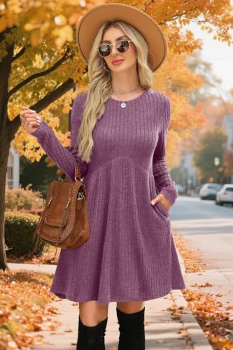 Image of OFEEFAN Long Sleeve Dress for Women Crew Neck Empire Waist Tunic Dress with Pockets