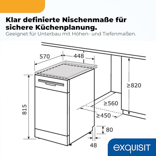 Exquisit Geschirrspüler | 9 Maßgedecke, Energieeffizienzklasse E, 49 dB(A) | schmal, kompakt, 7 Programme, Eco, Intensiv, Kurz, Extra-Trocknung, Startzeitverzögerung | GSP9309-030E weiss