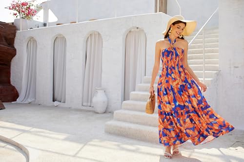 GRACE KARIN Women's Summer Dresses 2025 Halter Neck Sleeveless Smocked Backless Cut Out Floral Flowy A Line Maxi Dress2