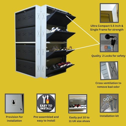 Image of I Metal Shoe Rack I Double Lock I Slim and Wall Mounted I 4 Shelves (Grey Colour) I Coad LC 2L-04 GR I Height 58 Inches, Width 29 Inches, Depth 5.5 Inches I 3 Years Warranty.