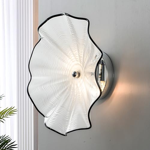 Image of White Glass Wall Light Dia 12 inch Wall Lamp with Murano Glass Shade Vintage Vanity Lighting Fixture with Metal Base Flush Mount Wall Sconce 2-Light for Bathroom, Bedroom, Bedside, Entryway