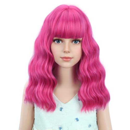 Image of PATTNIUM Hot Pink Wig for Kids Short Wavy Wig Neon Pink Wigs with Bangs Girls Magenta Cosplay Halloween Party Costume Wigs