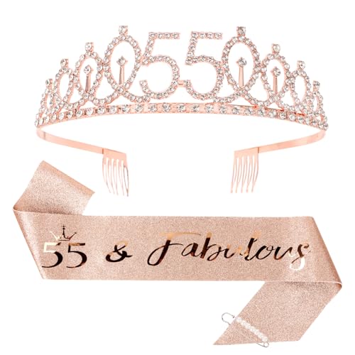 CIEHER 55th Birthday Crown & Sash Set - Pearl Pin Tiara Fabulous 55th Birthday Decorations for Women
