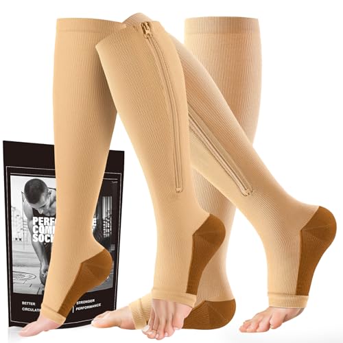Image of cerpite Zipper Compression Socks, 2-Pack Open Toe 15-20mmHg for Men & Women
