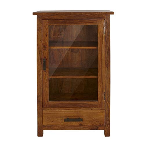 Image of DADDYFURNITURE? Solid Sheesham Wood Kitchen Cabinet Display Rack with 1 Drawer and 2 Shelf for Living Room | Solid Wood Bookcase for Home Furniture. (Walnut)
