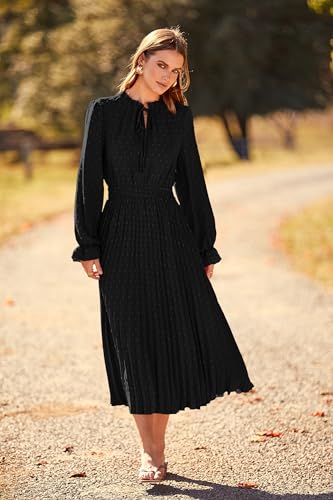 PRETTYGARDEN Women's 2025 Spring Fall Midi Dress Casual Long Sleeve V Neck Swiss Dot Pleated A Line Flowy Dresses (Black,Large) - Image 4