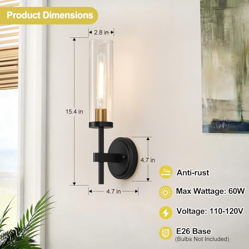 Image of Hardwired Wall Sconces Set of Two, Black and Gold Bathroom Sconces with Clear Glass, Modern Wall Light Fixtures for Bathroom Mirror Vanity, Living Room, Bedroom, Hallway, Stairway, Cabinet, Foyer